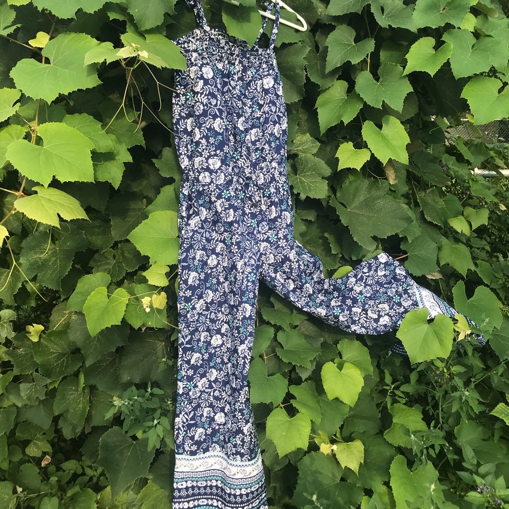 Girls Navy patterned pant jumpsuit